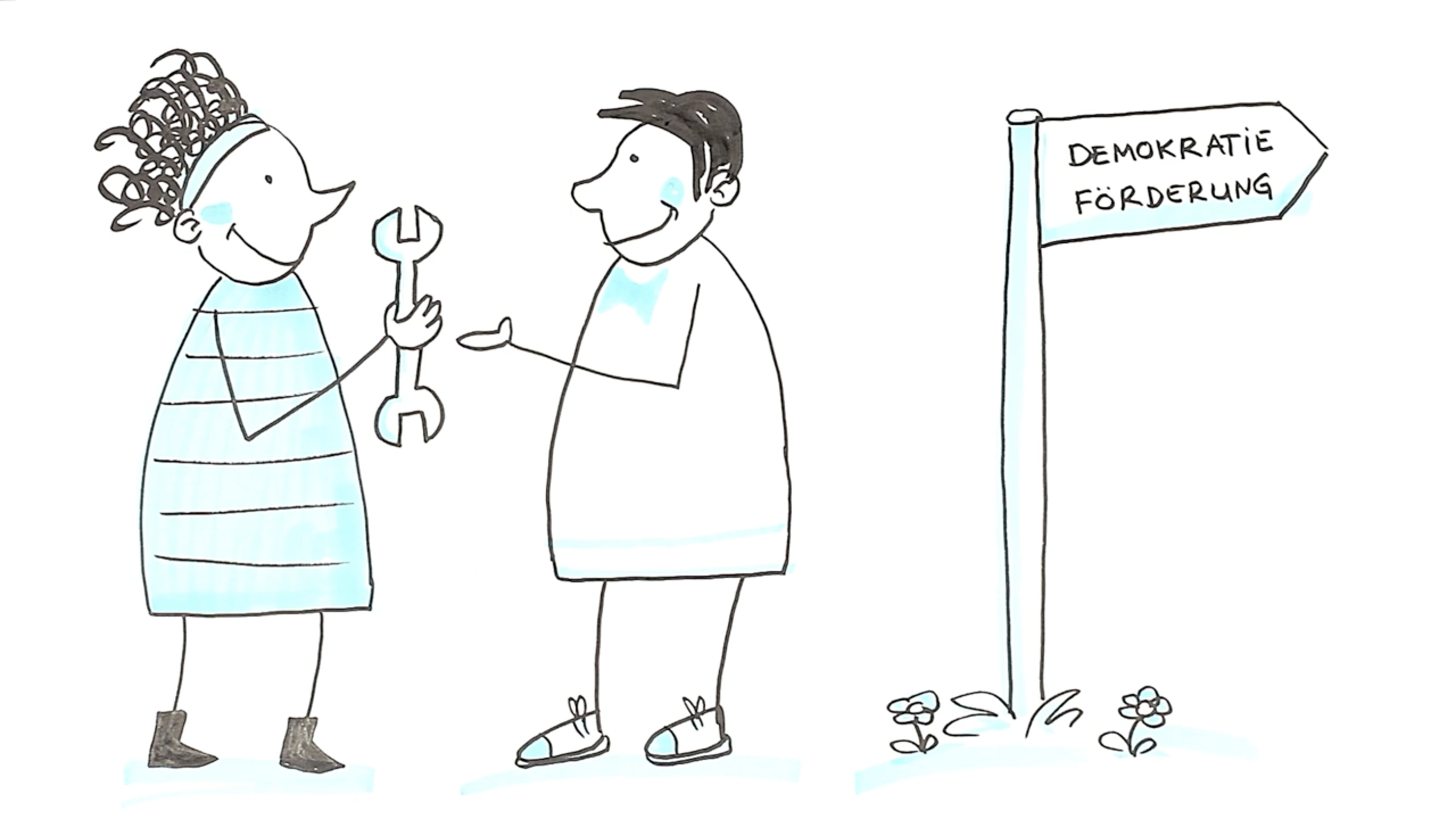 Comiczeichnung: eine Person gibt einer anderen einen Schraubenzieher, auf einem Schild daneben steht Demokratieförderung